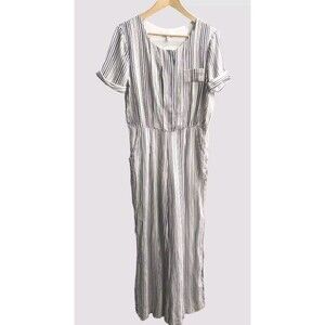 Anthropologie Harlyn Linen Jumpsuit Women's Small   Blue Striped Wide Leg